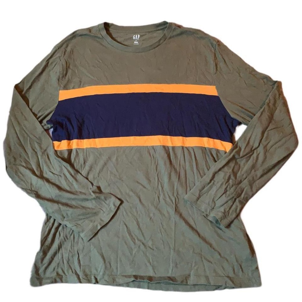 Vintage GAP Men's Green Striped Long Sleeve Everyday Tee Shirt Size Large